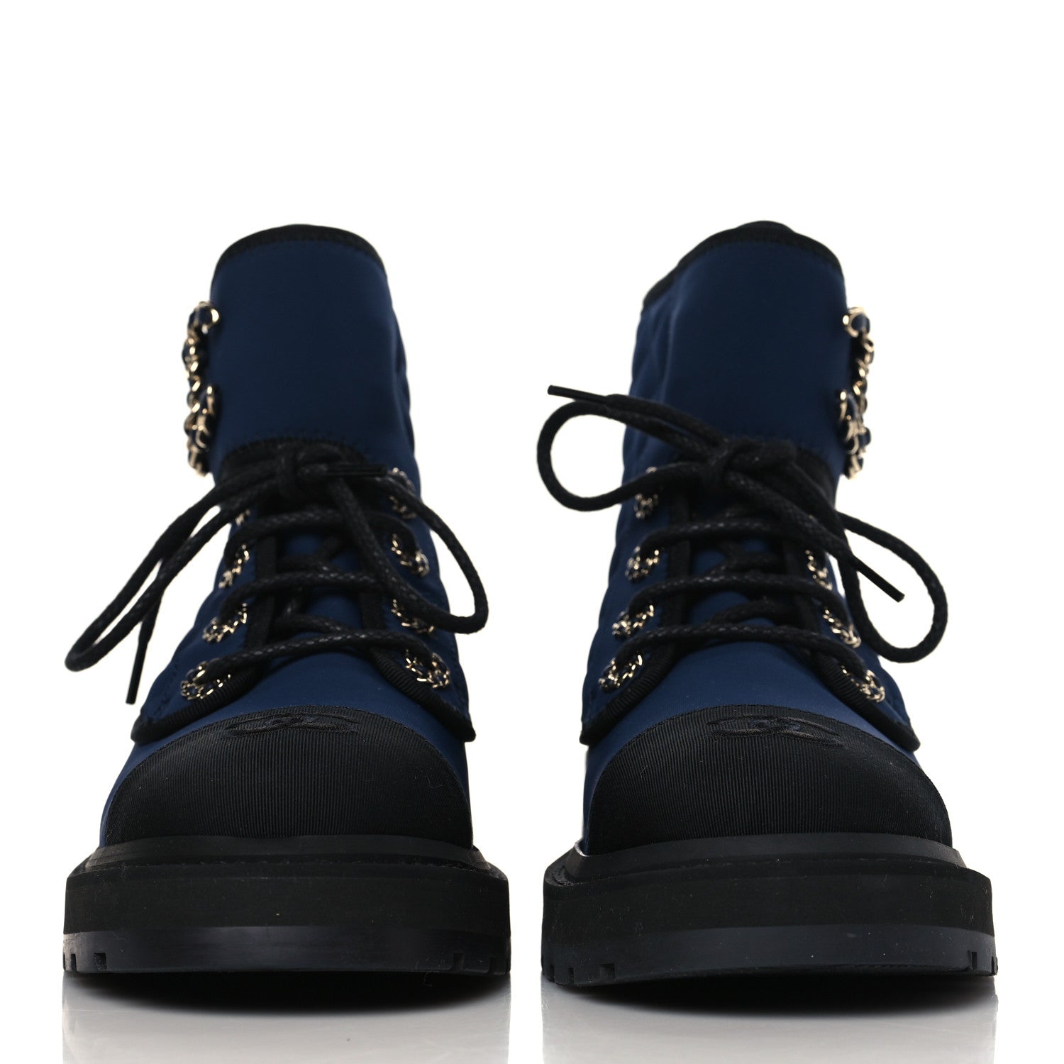 Chanel Fabric Grosgrain Quilted Cap Toe Lace Up Combat Boots 37.5 Navy Black 2 of 7