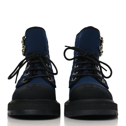 Chanel Fabric Grosgrain Quilted Cap Toe Lace Up Combat Boots 37.5 Navy Black 2 of 7