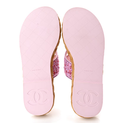 Chanel Tweed Mesh Satin CC Thong Sandals 38.5 Light Purple Pink Red 5 of 11