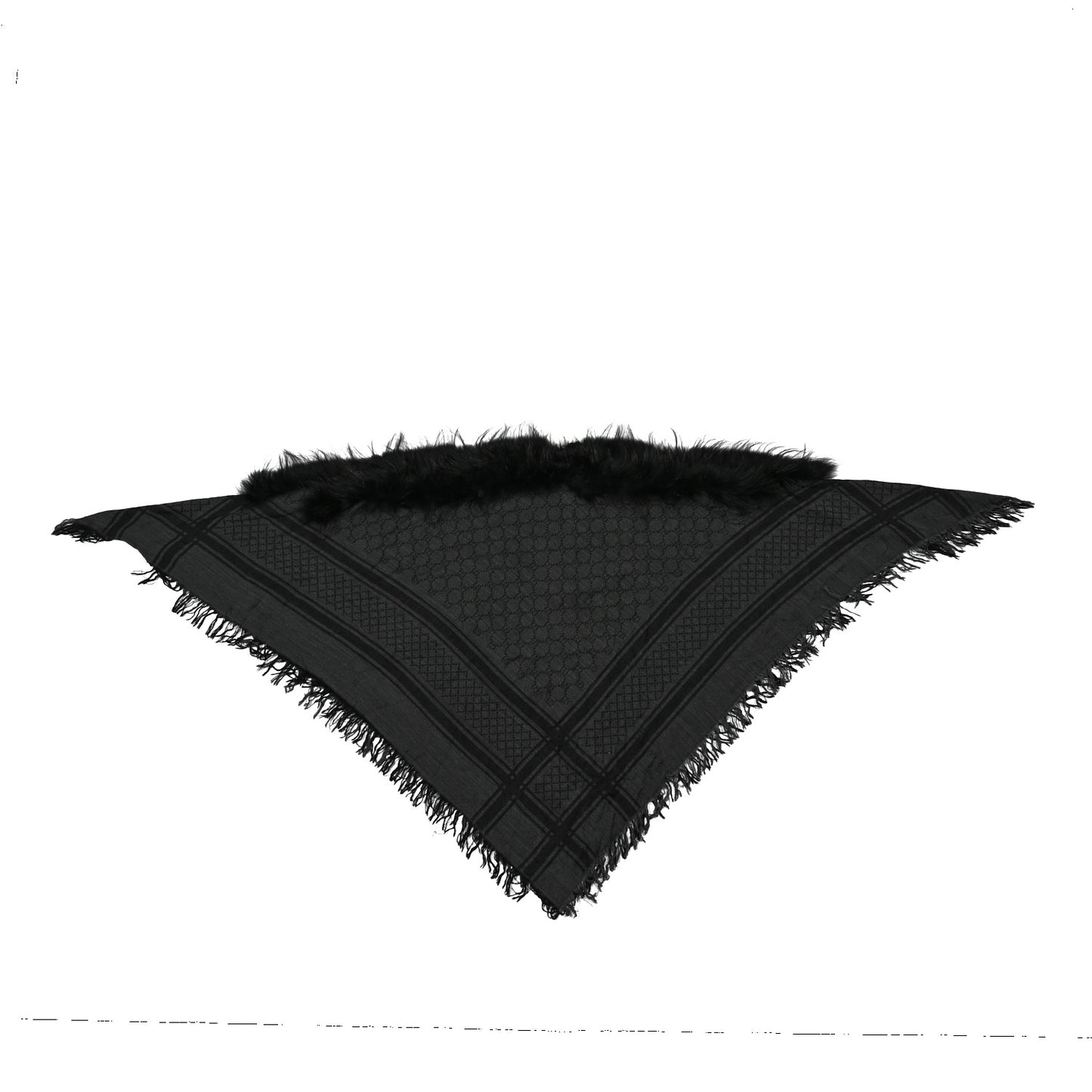 Wool Silk Fox Fur Monogram Shawl Scarf Black