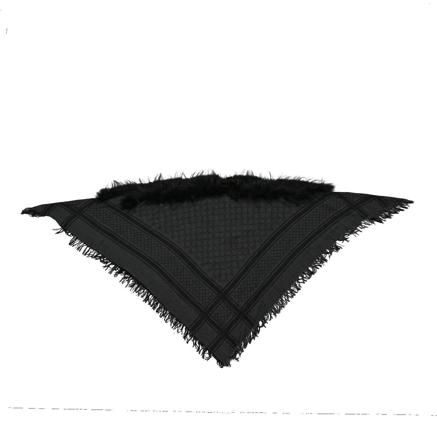 Gucci Wool Silk Fox Fur Monogram Shawl Scarf Black 2 of 5