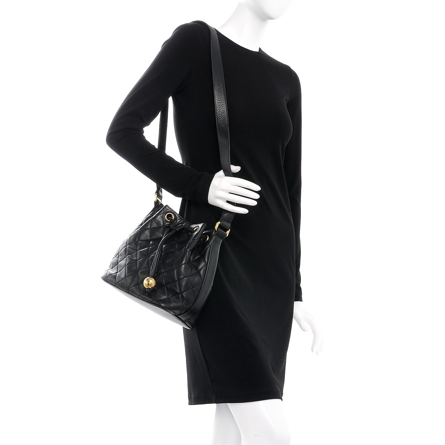 Lambskin Quilted Drawstring Shoulder Bag Black