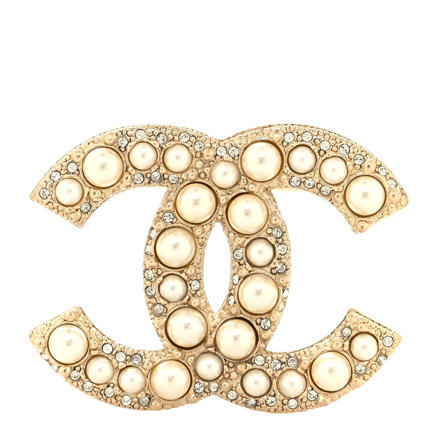 Metal Crystal Graduated Pearl CC Brooch Gold