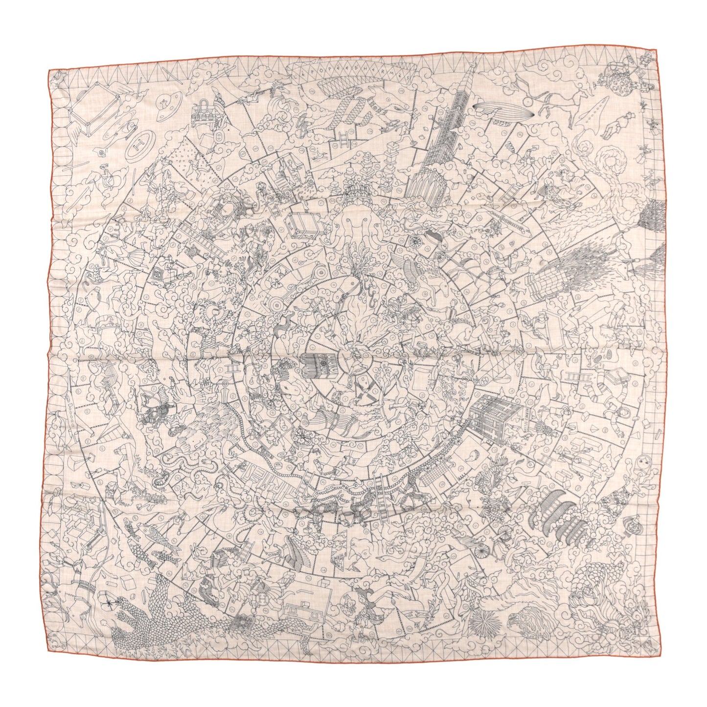 Cashmere Silk L'Epopee D'Hermes Shawl 140 Naturel Rouge
