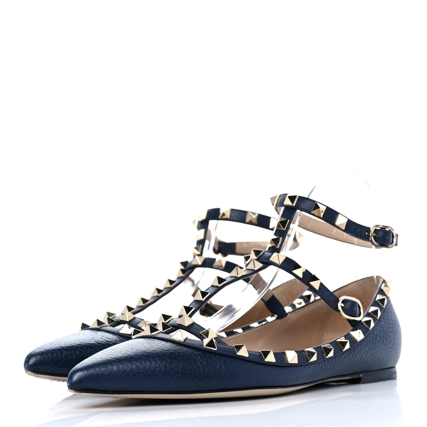 Valentino Garavani Pebbled Calfskin Rockstud Cage Ballerina Flats 39 Dark Blue 3 of 8