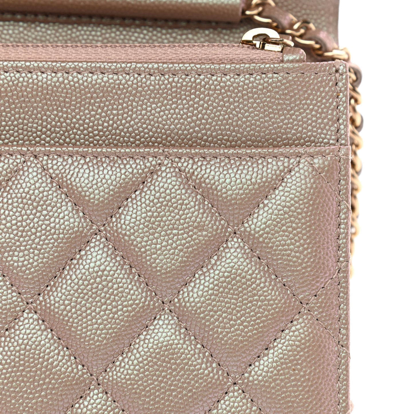 Iridescent Caviar Quilted Wallet On Chain WOC Beige