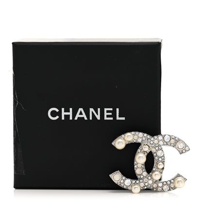 Chanel Pearl Crystal CC Mini Brooch Silver 5 of 5