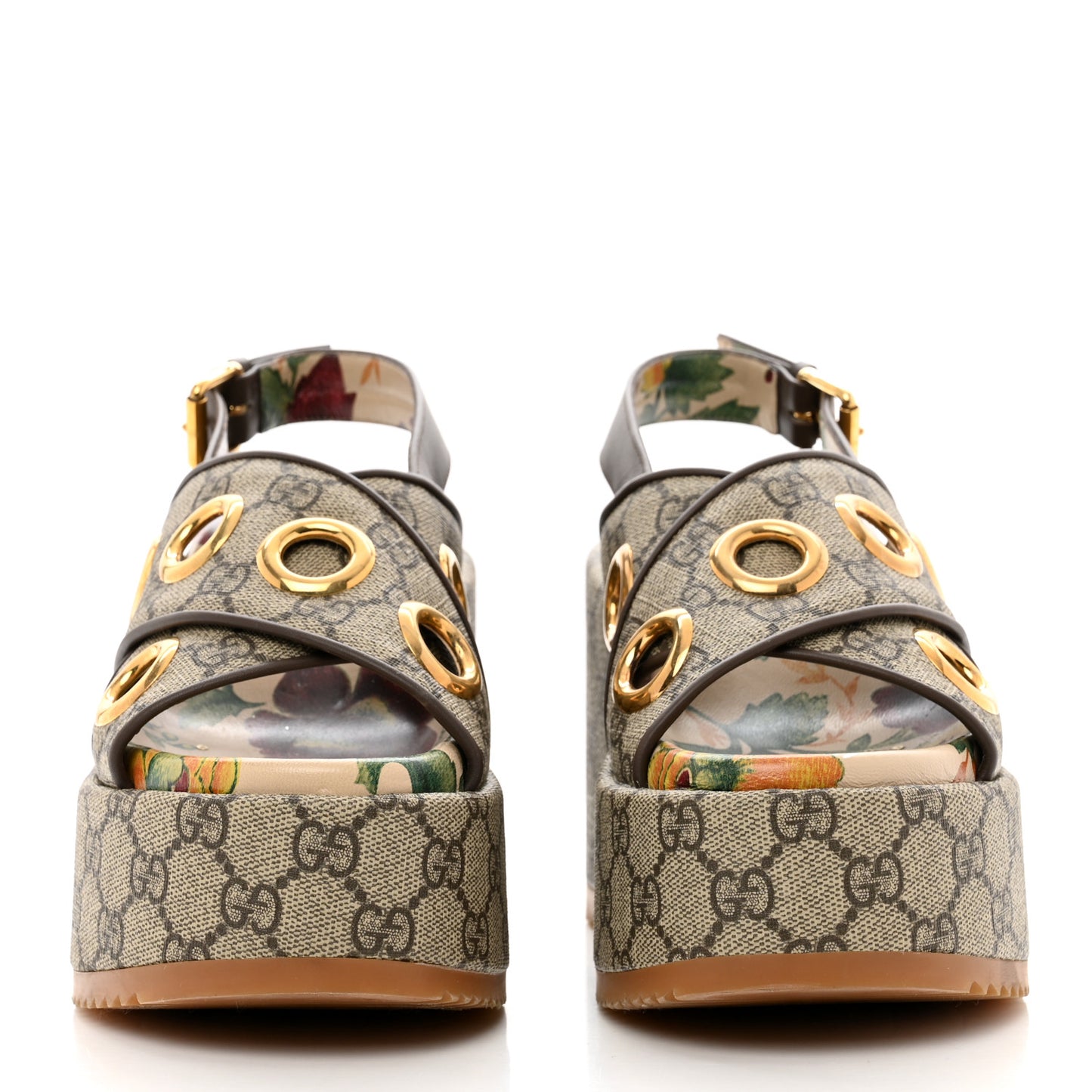 GG Supreme Monogram Eyelet Angelina Platform Wedge Sandals 36 Beige Ebony