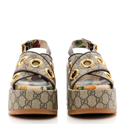 Gucci GG Supreme Monogram Eyelet Angelina Platform Wedge Sandals 36 Beige Ebony 2 of 7
