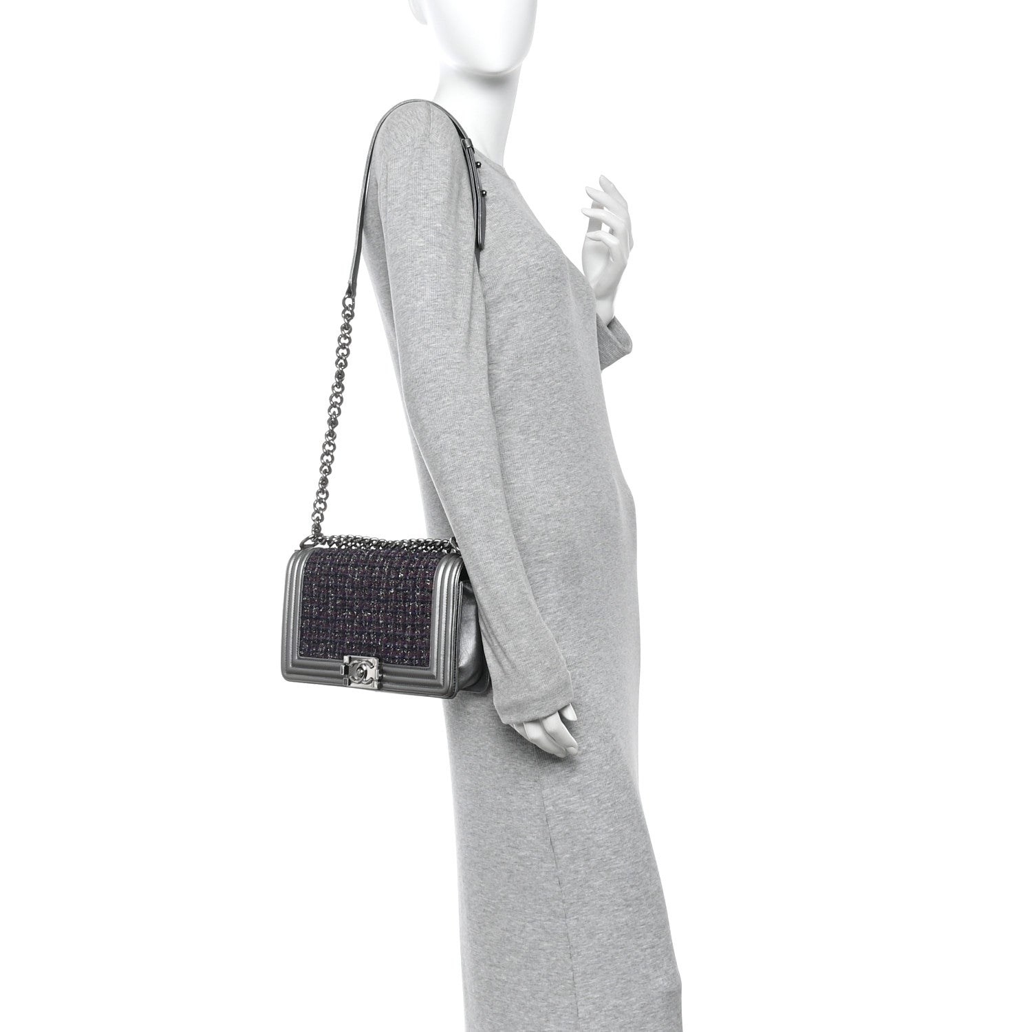 Chanel Tweed Metallic Lambskin Medium Boy Flap Silver 2 of 12