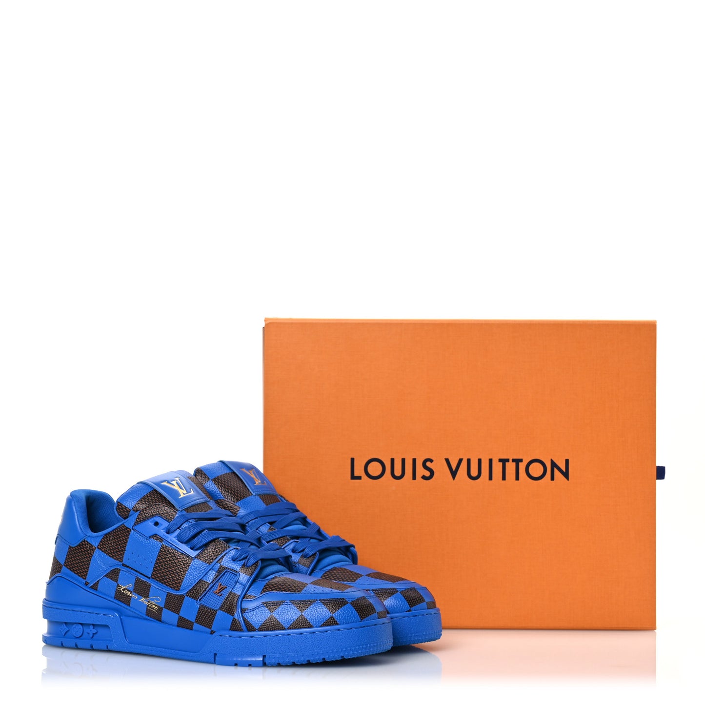 Damier Pop Grained Calfskin Mens LV Trainer Sneakers 10 Blue