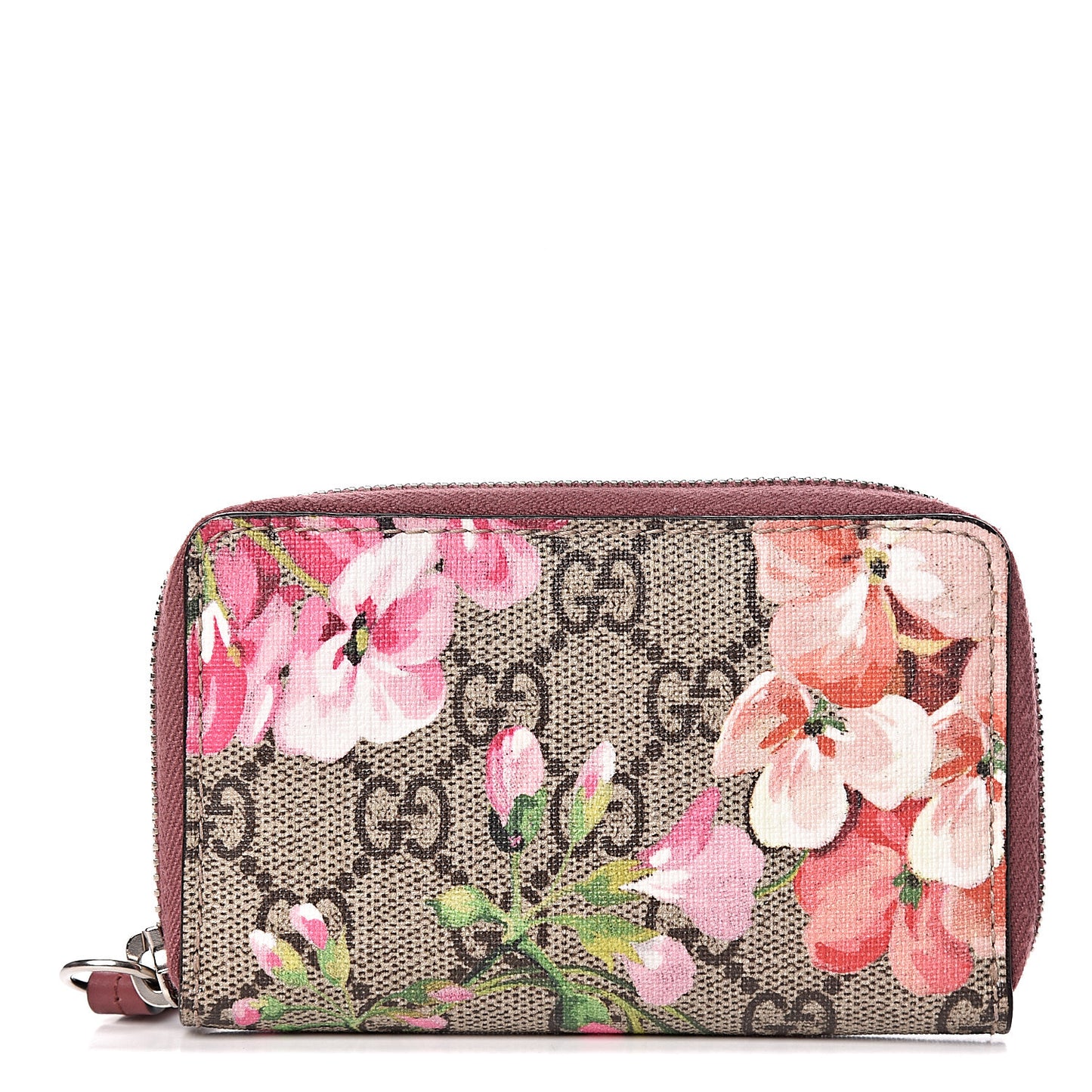 GG Supreme Monogram Blooms Zip Around Card Case Wallet Beige Multicolor Dry Rose