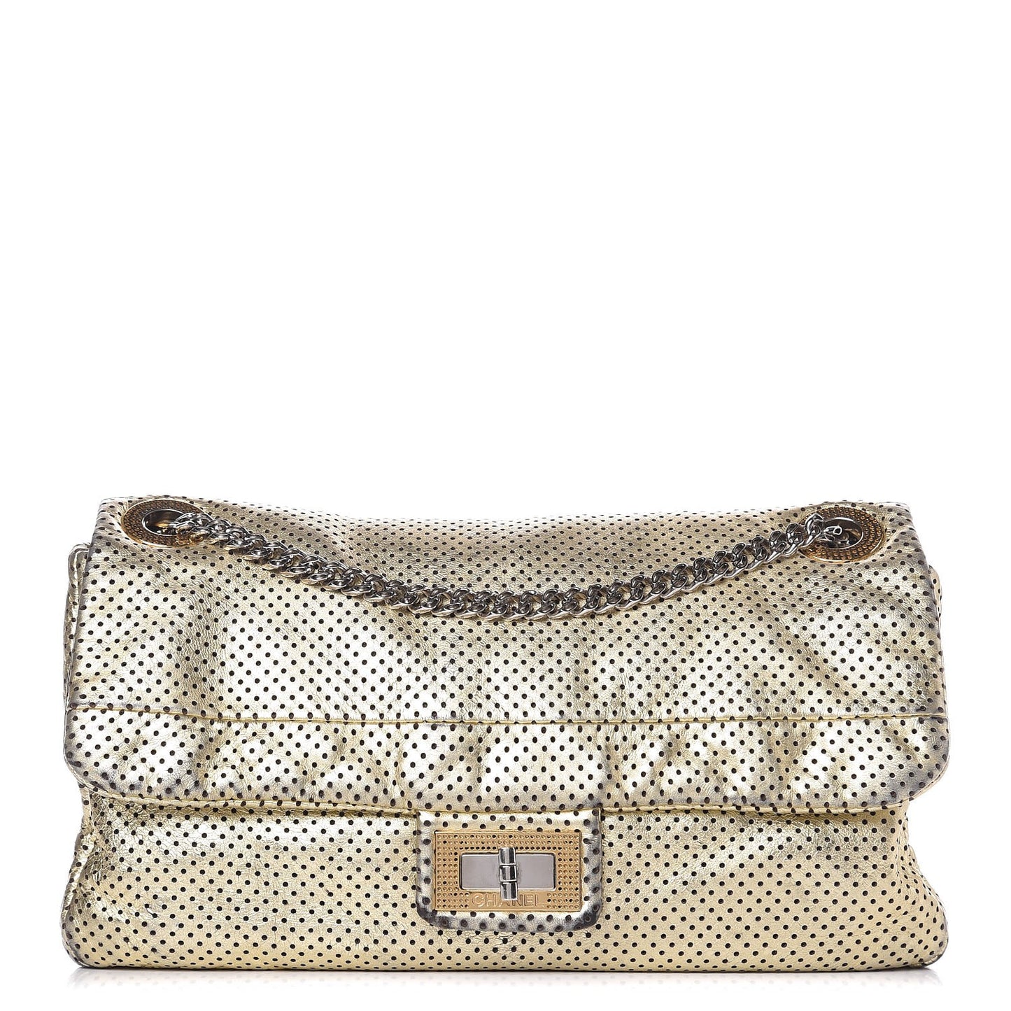 Metallic Crackled Calfskin Perforated Large Drill Flap Gold