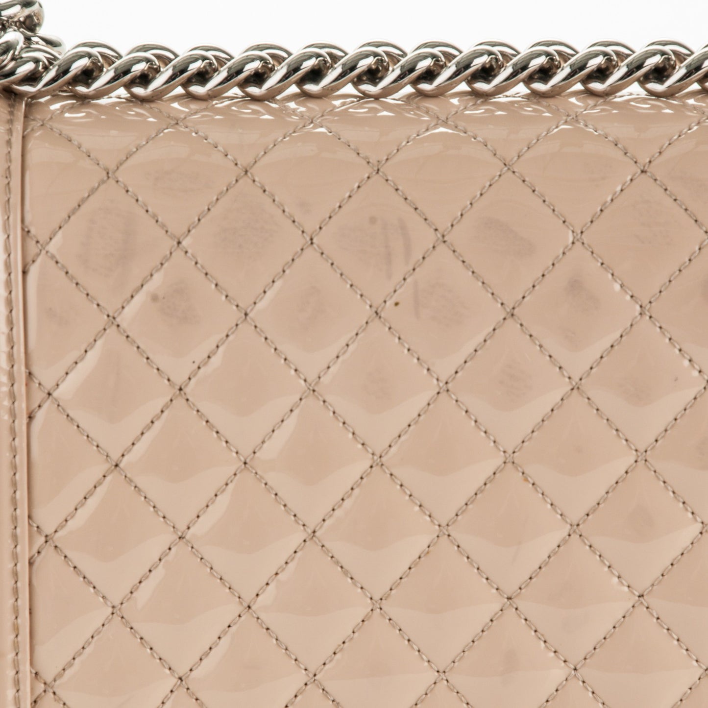 Patent Calfskin New Medium Boy Flap Plexiglass Beige