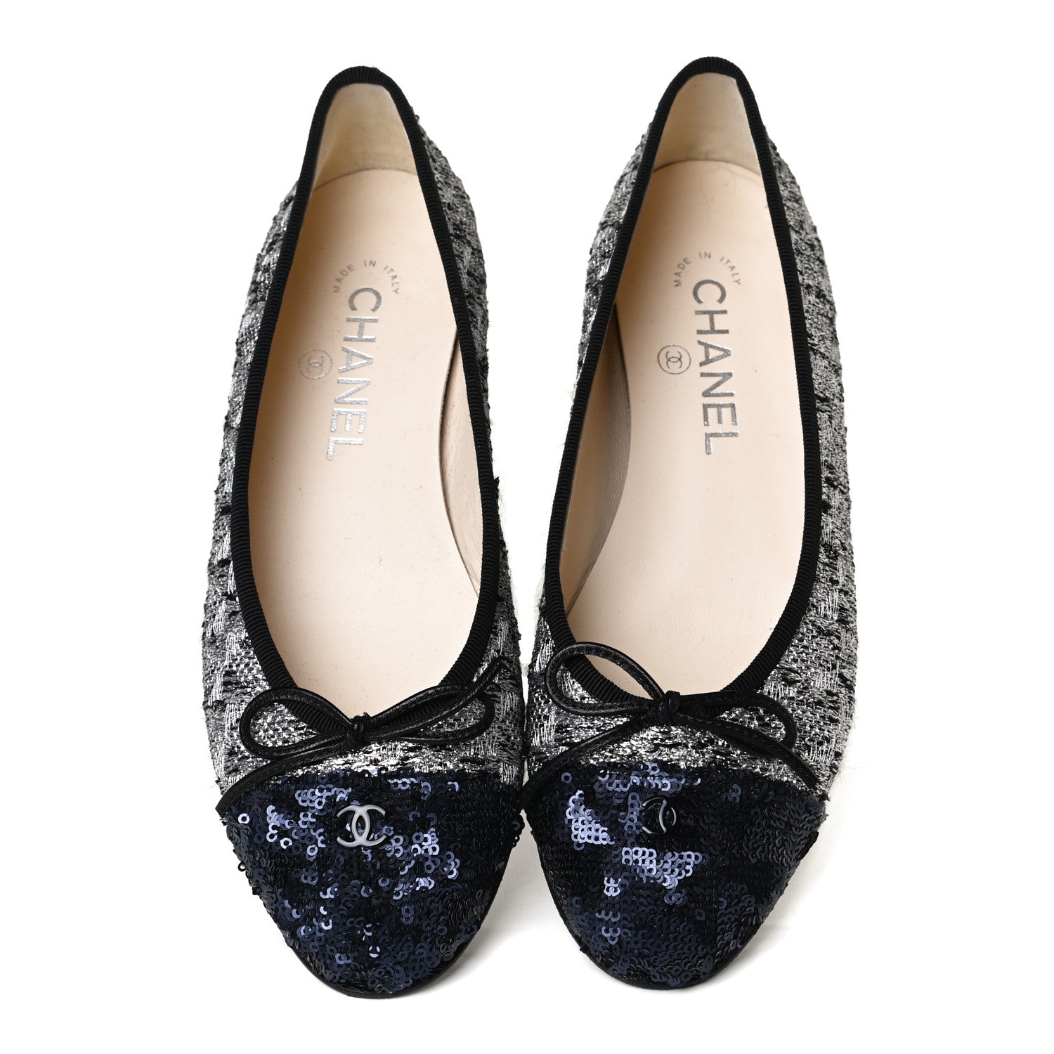 Chanel Tweed Sequin Cap Toe Ballerina Flats 37.5 Black Blue 5 of 14