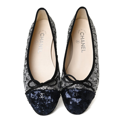 Chanel Tweed Sequin Cap Toe Ballerina Flats 37.5 Black Blue 5 of 14