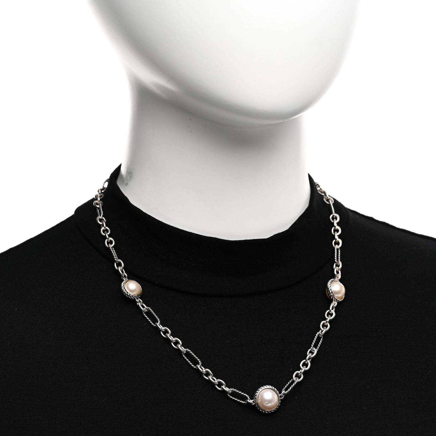 David Yurman Sterling Silver Pearl Cable Figaro Chain Necklace 2 of 4