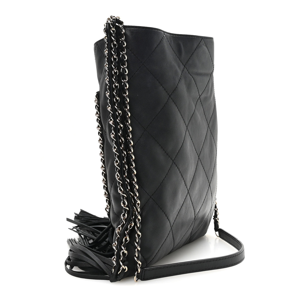 Calfskin Quilted Fringe Small Shopping Bag Black