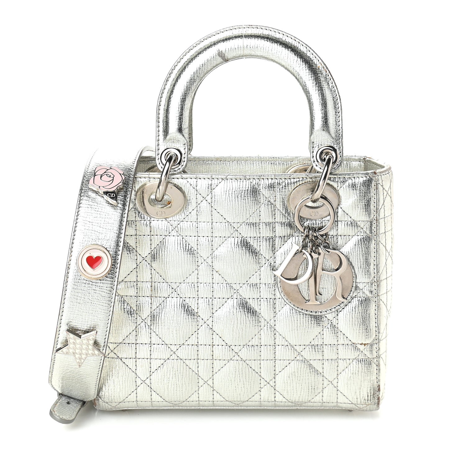 Metallic Grained Calfskin Cannage Small Lucky Badges My Lady Dior Silver