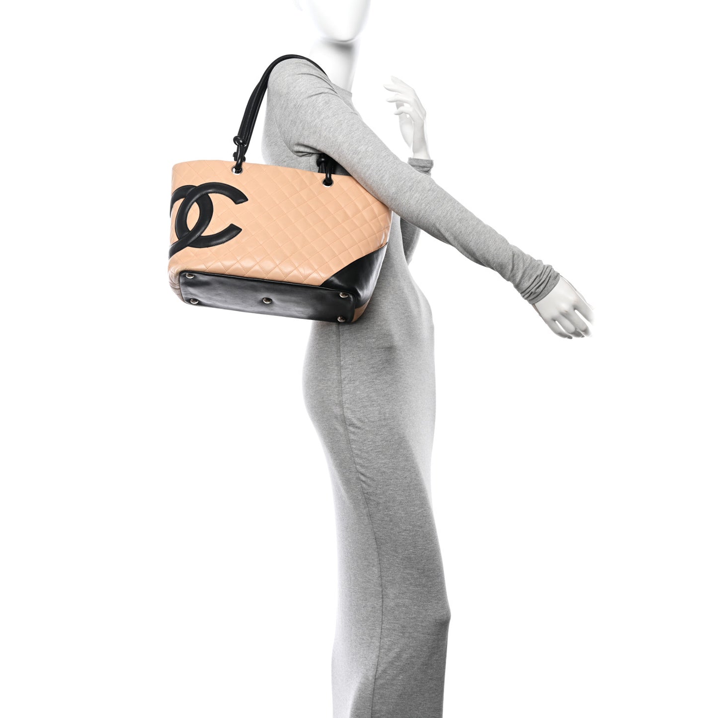 Calfskin Quilted Large Cambon Tote Beige Black