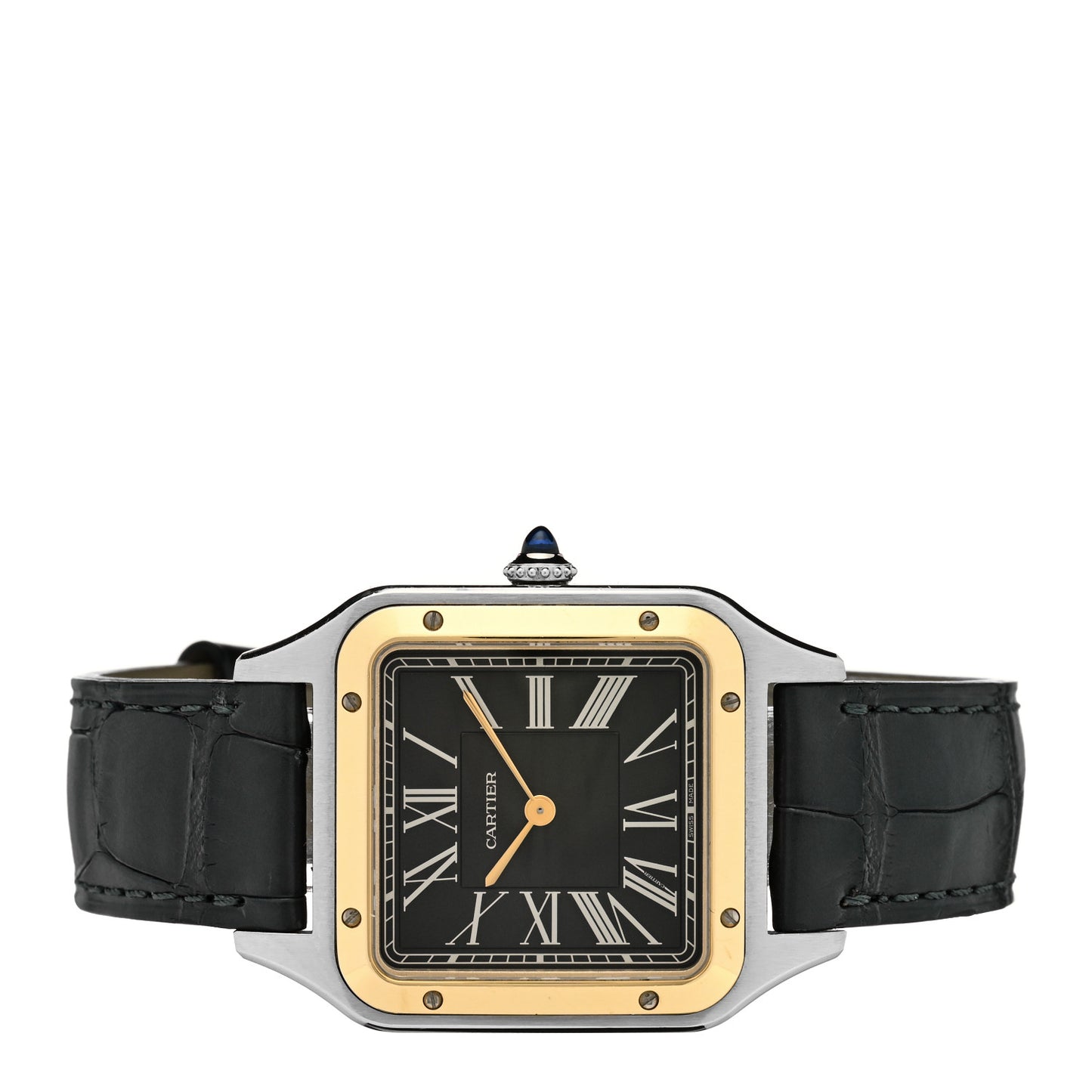 Stainless Steel 18K Yellow Gold Alligator 31.5mm Santos Dumont Automatic Watch Black