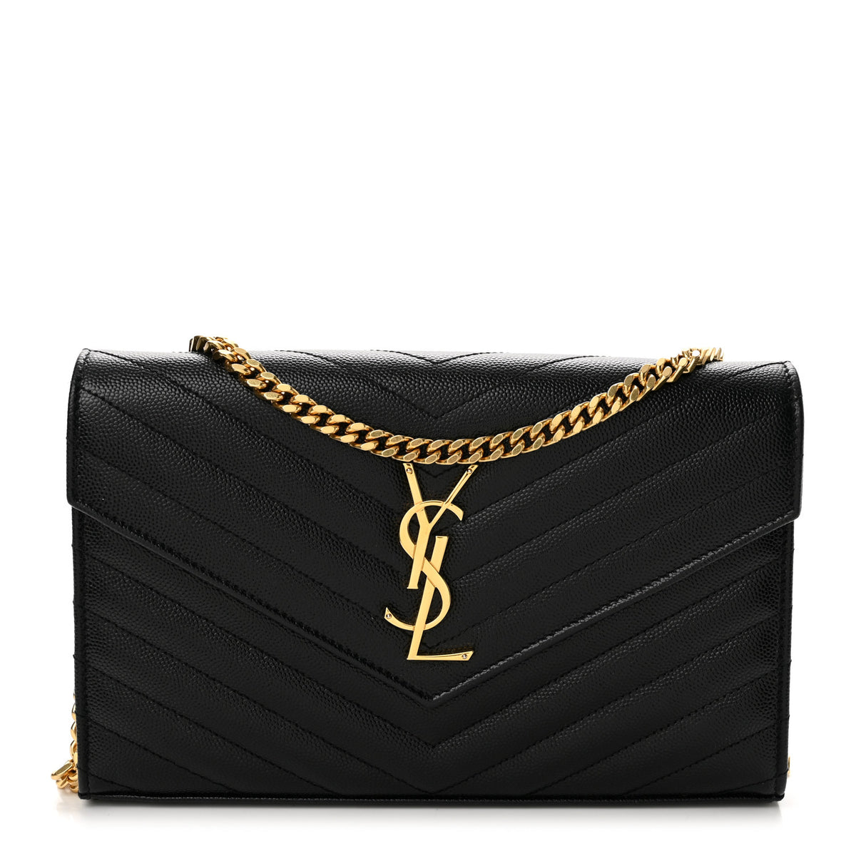Grain De Poudre Matelasse Chevron Monogram Envelope Chain Wallet Black