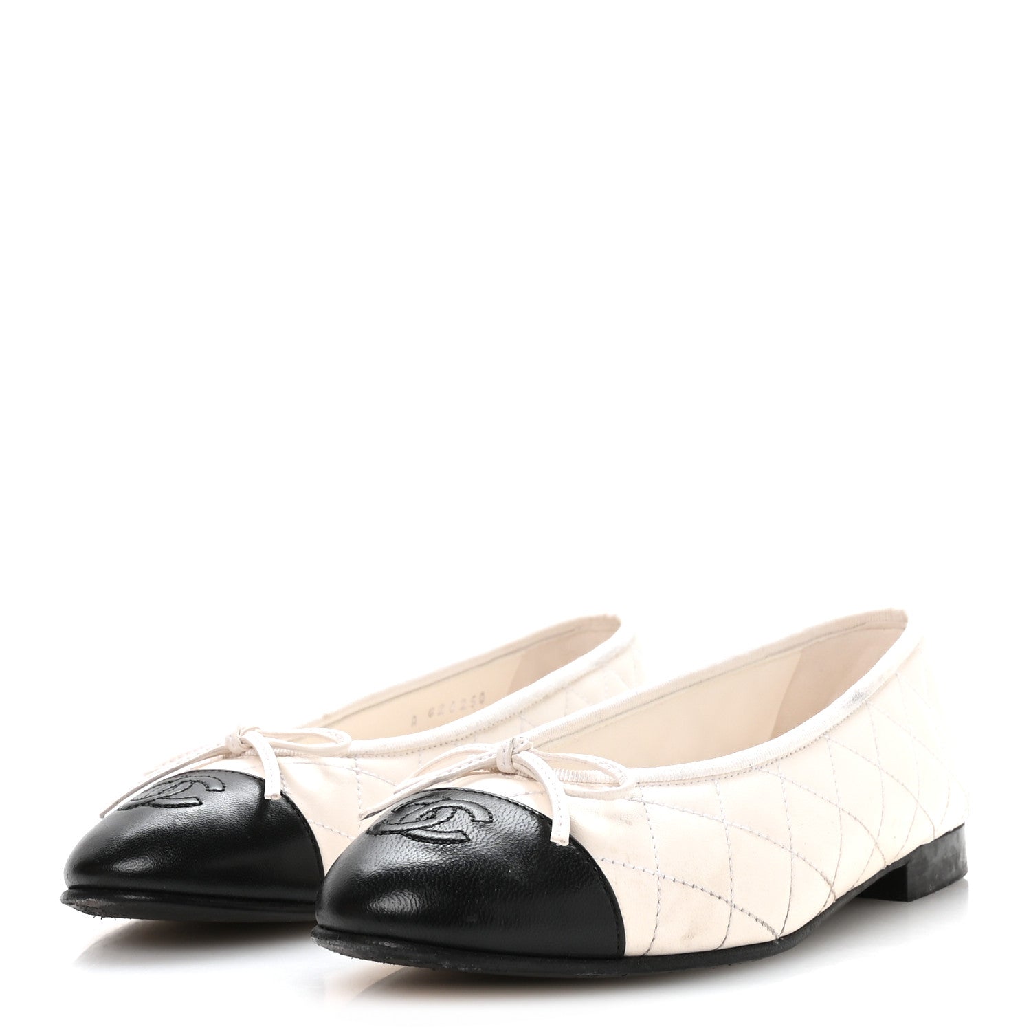 Chanel Canvas Lambskin Quilted CC Cap Toe Ballerina Flats 37 White Black 4 of 8