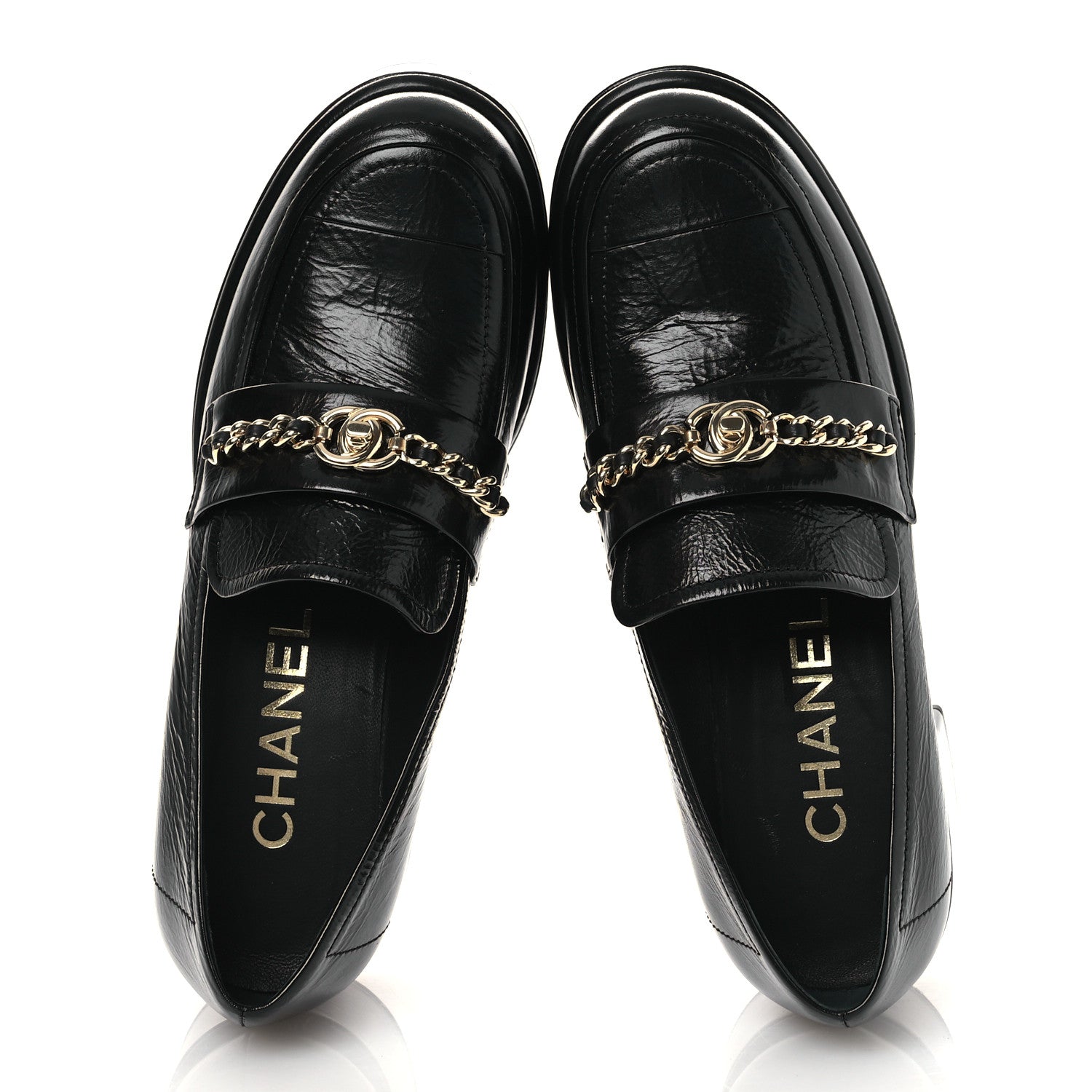Chanel Shiny Calfskin Logo Loafers 38 Black 2 of 11