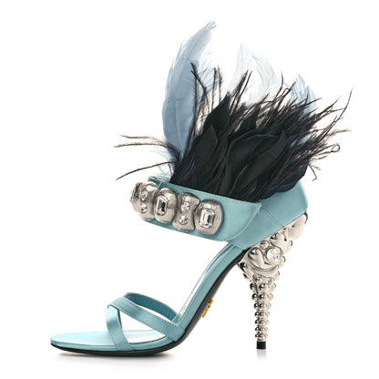 Prada Satin Feather Crystal 110mm Sandals 37 Curacao Argento 1 of 9