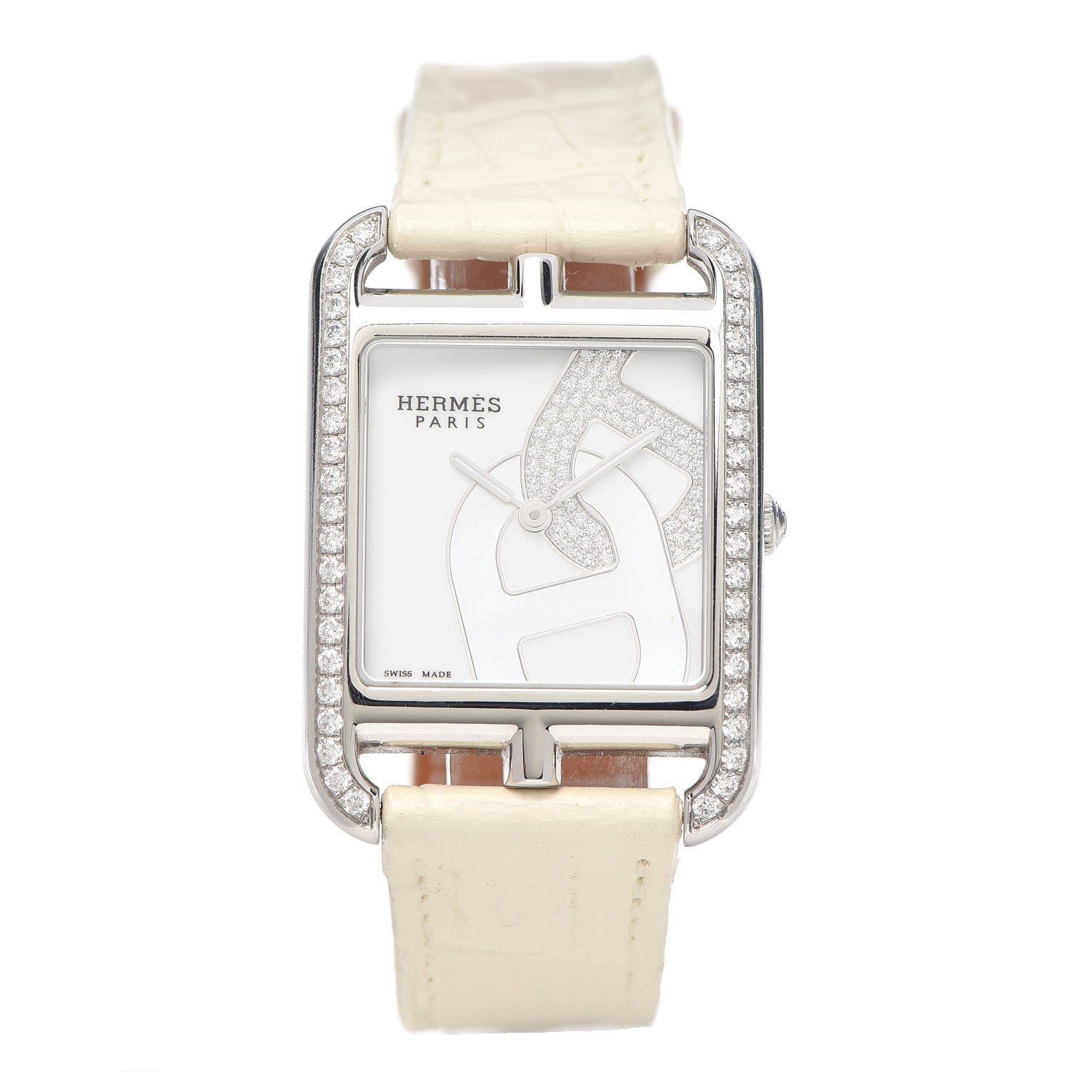 Hermes Stainless Steel Alligator Diamond Bezel Mother of Pearl 29mm Cape Cod Chaine d'Ancre Joaillier Quartz Watch Blanc 1 of 5