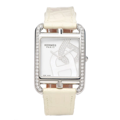 Hermes Stainless Steel Alligator Diamond Bezel Mother of Pearl 29mm Cape Cod Chaine d'Ancre Joaillier Quartz Watch Blanc 1 of 5