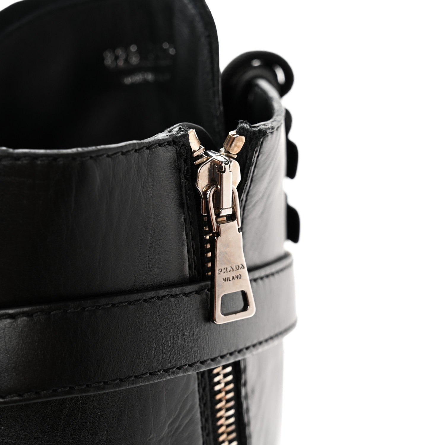 Prada Vitello Lux Nylon Metal Triangle Logo Monolith Pouch Pocket 55mm Tall Combat Boots 36.5 Black 9 of 10