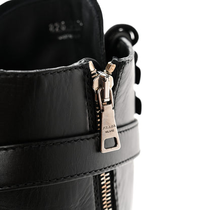 Prada Vitello Lux Nylon Metal Triangle Logo Monolith Pouch Pocket 55mm Tall Combat Boots 36.5 Black 9 of 10
