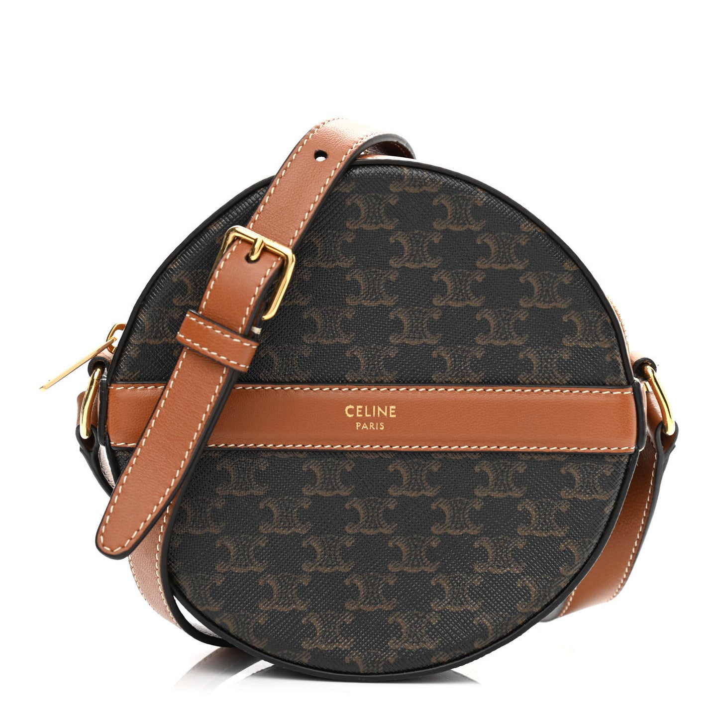 Lambskin Triomphe Canvas Round Purse On Strap Black Tan