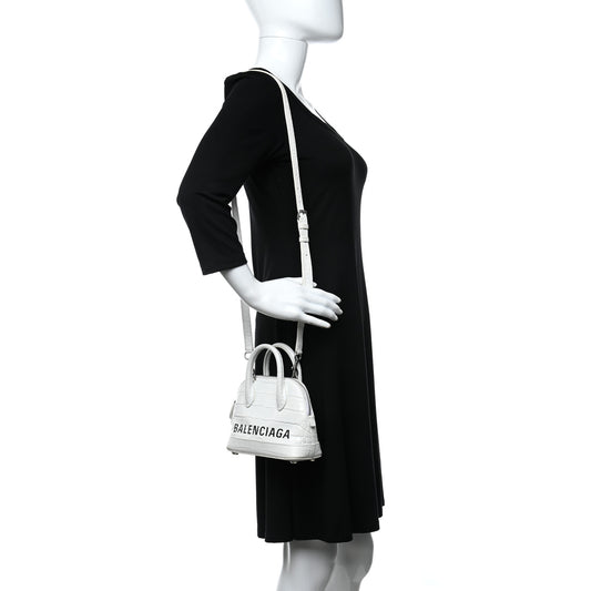 Calfskin Crocodile Embossed XXS Ville Top Handle Bag White Black
