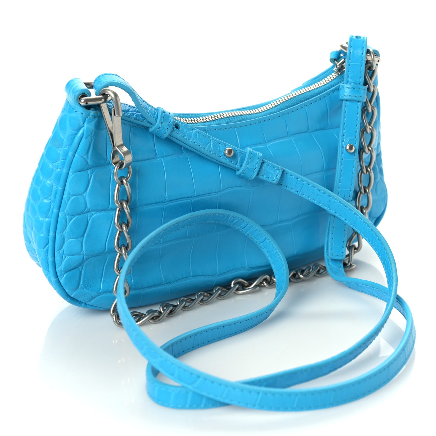 Extra Supple Calfskin Crocodile Embossed Crystal Mini Le Cagole Purse With Chain Cyan