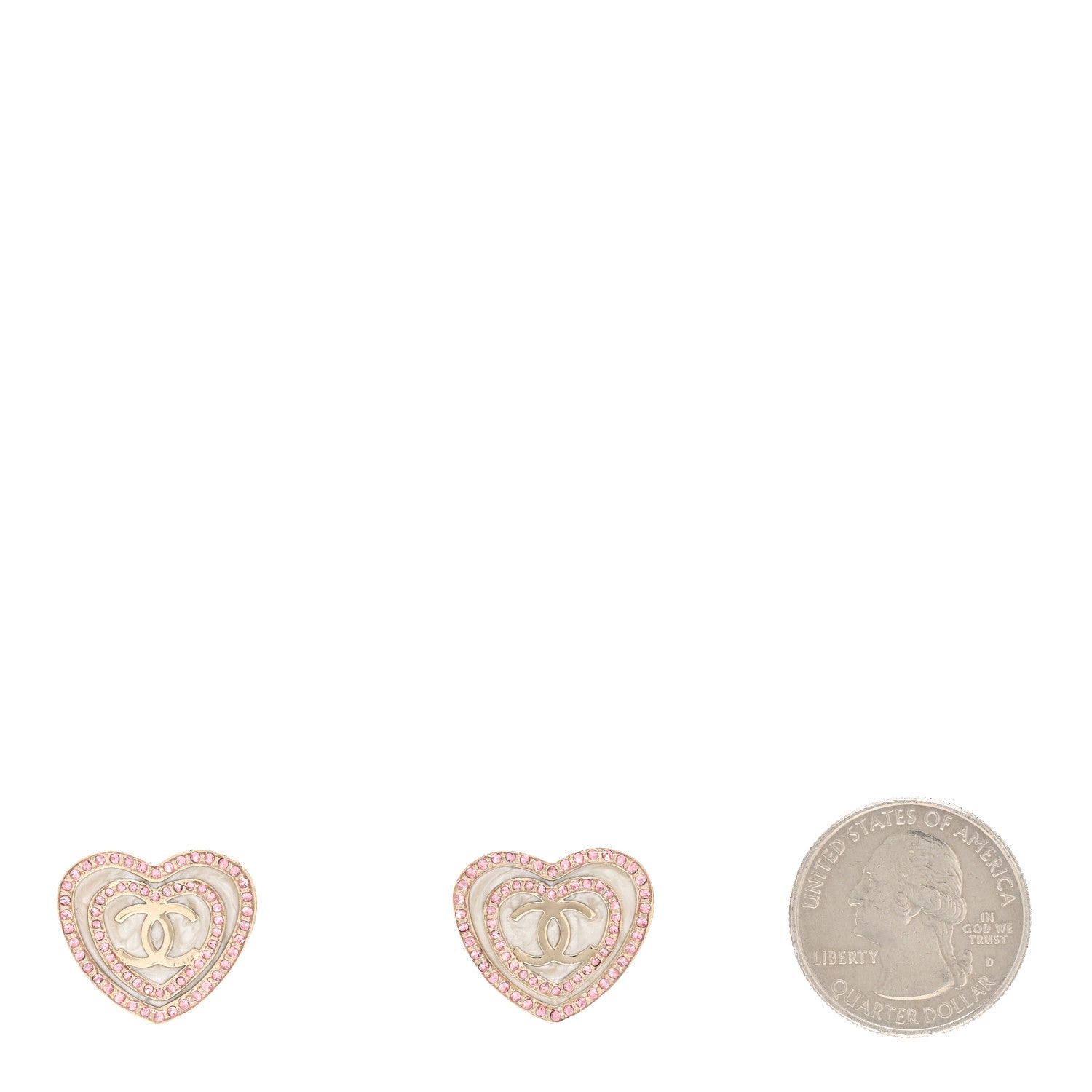 Chanel Crystal CC Resin Heart Earrings Gold Pink White 2 of 5