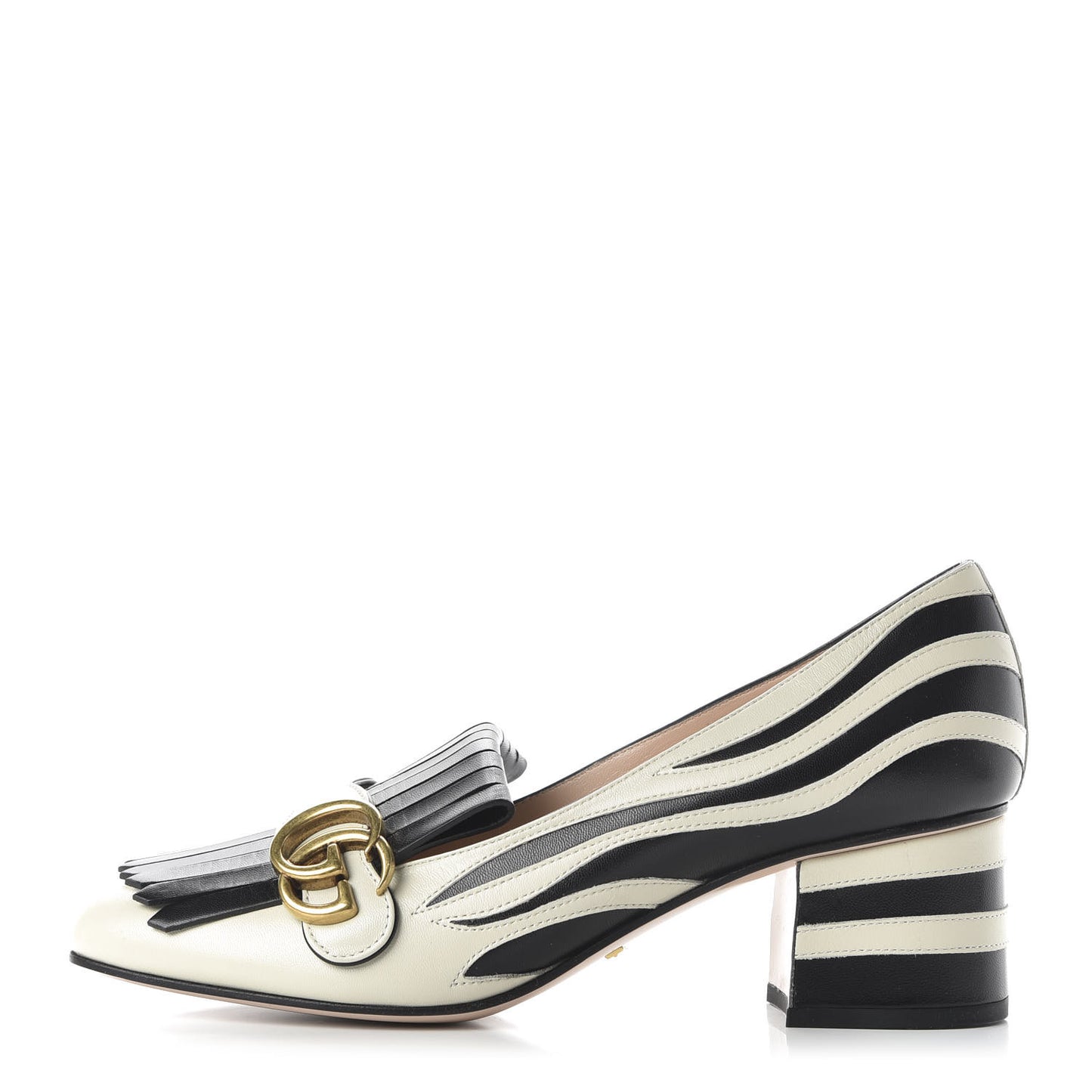 Malaga Kid Zebra Inlay GG Marmont Fringe Loafer 50mm Pumps 39 Mystic White Black