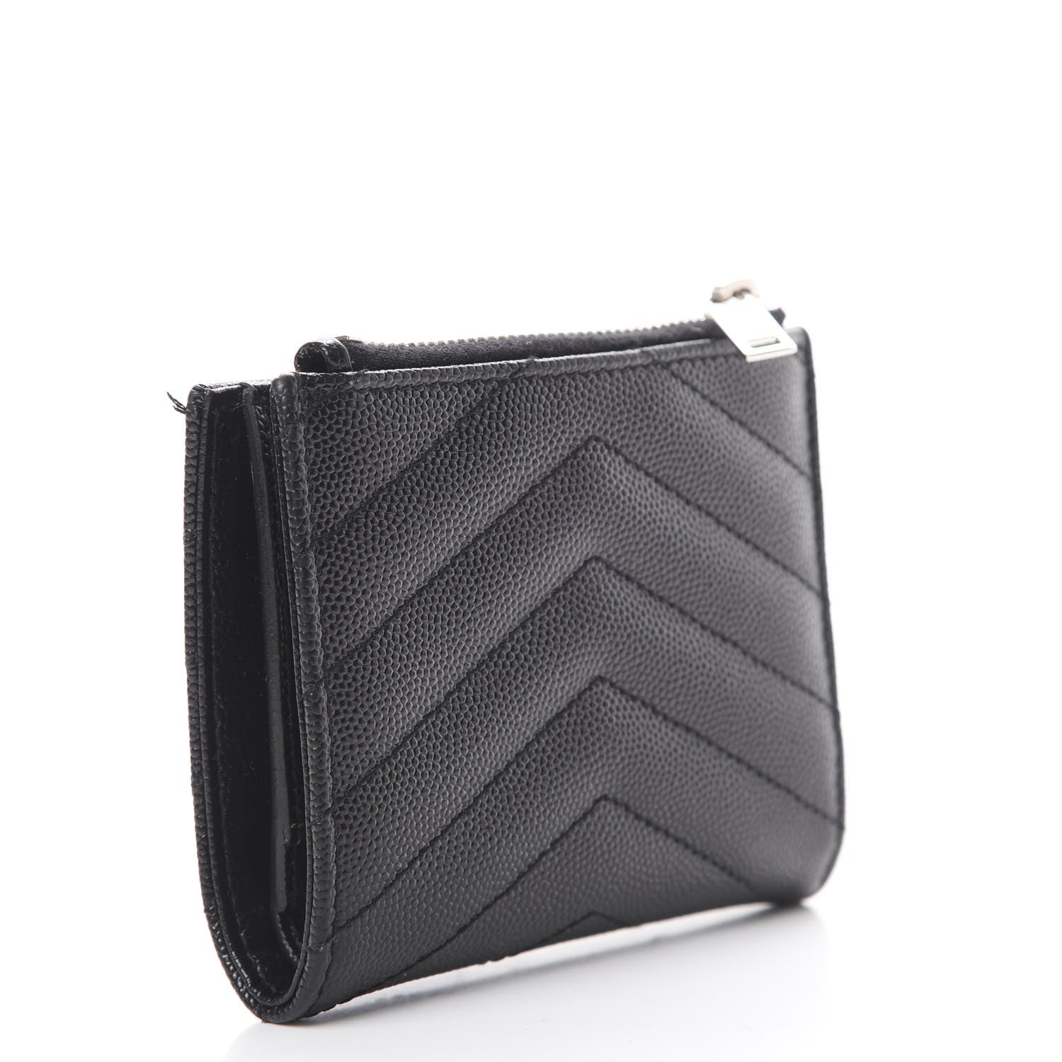 Saint Laurent Grain De Poudre Matelasse Chevron Monogram Zipped Card Case Black 2 of 10