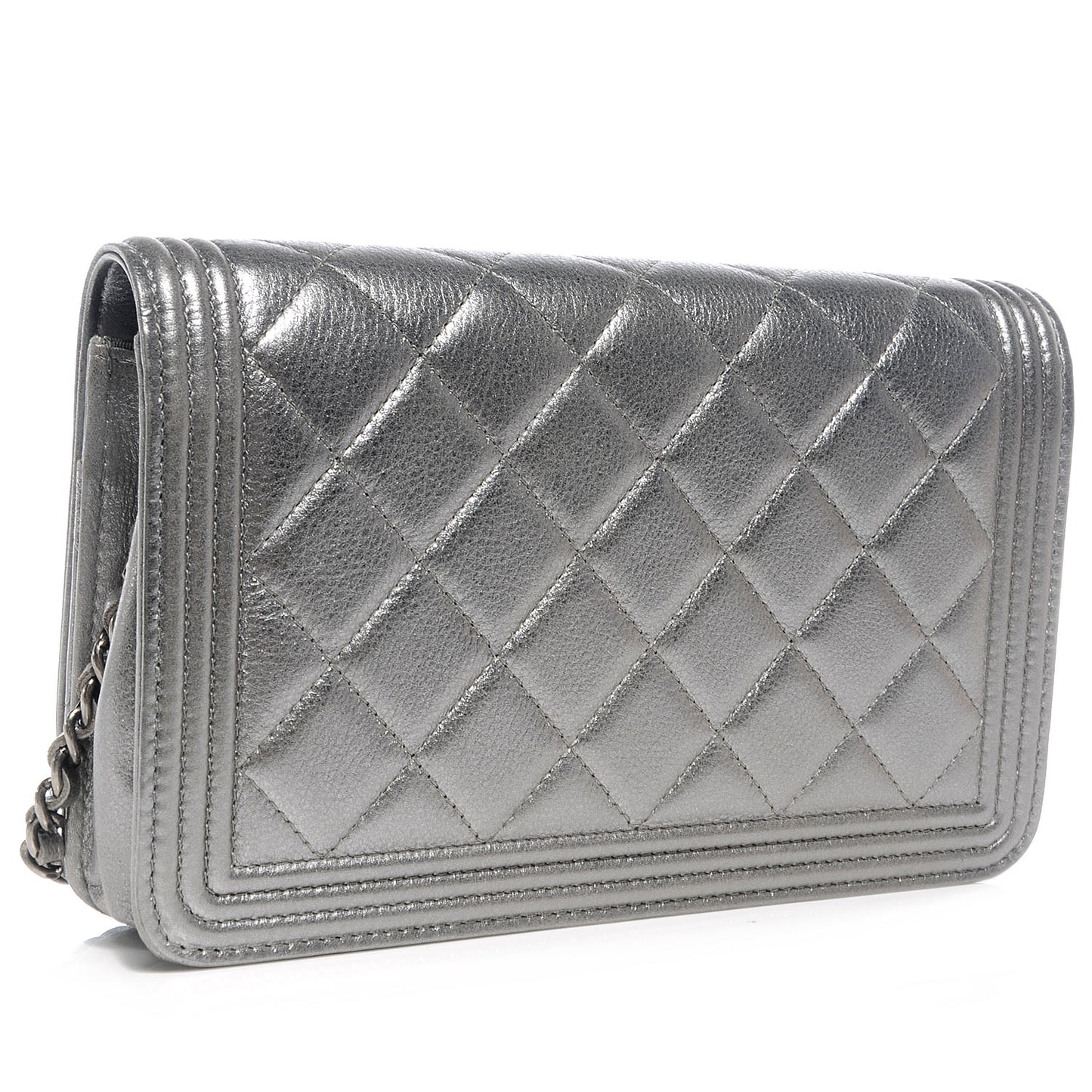 Metallic Calfskin Quilted Boy Wallet On Chain WOC Silver