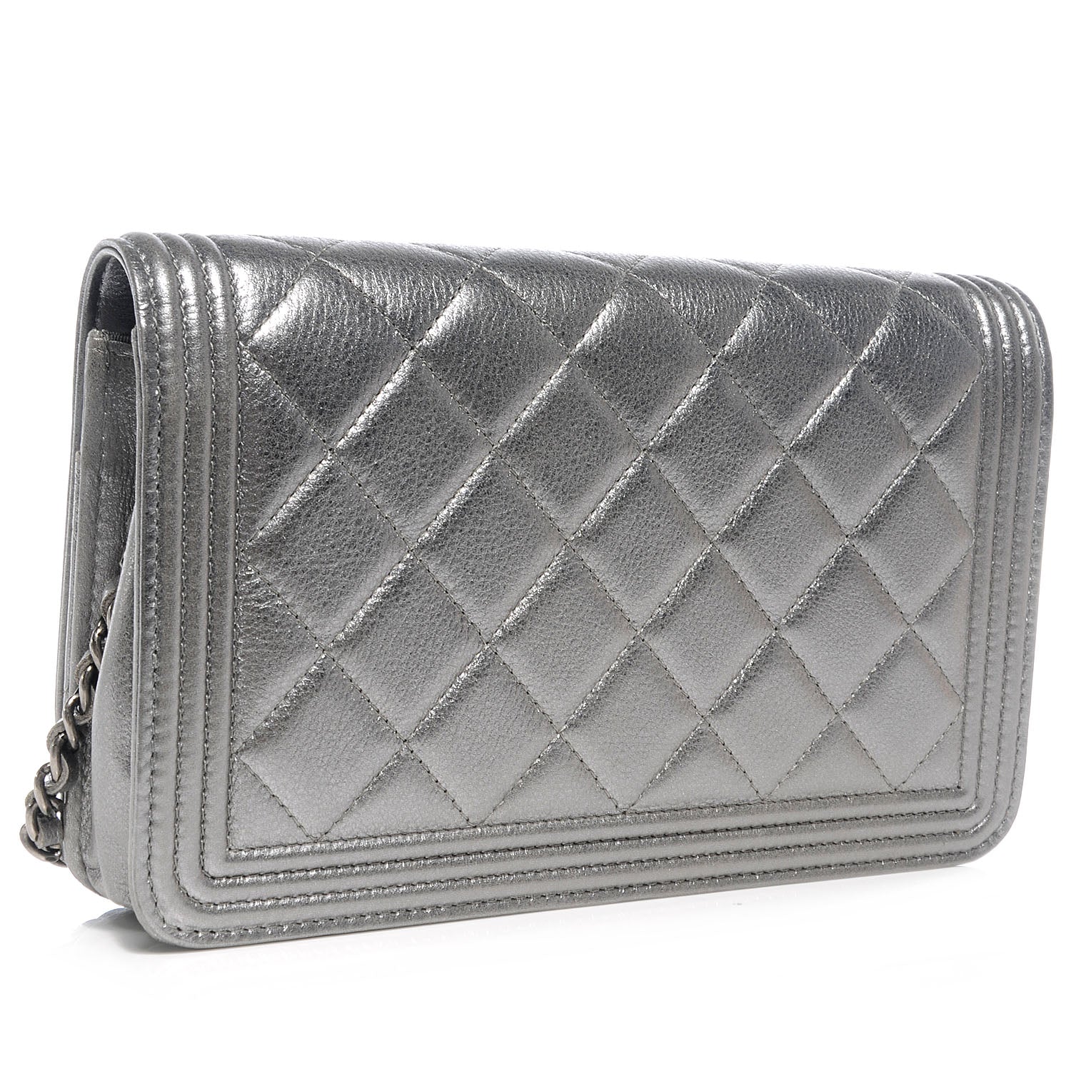 Chanel Metallic Calfskin Quilted Boy Wallet On Chain WOC Silver 3 of 8