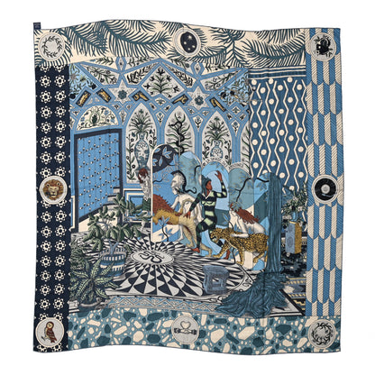 Hermes Cashmere Silk La Danse Des Amazones Shawl 140 Bleu Gris Vert 1 of 5