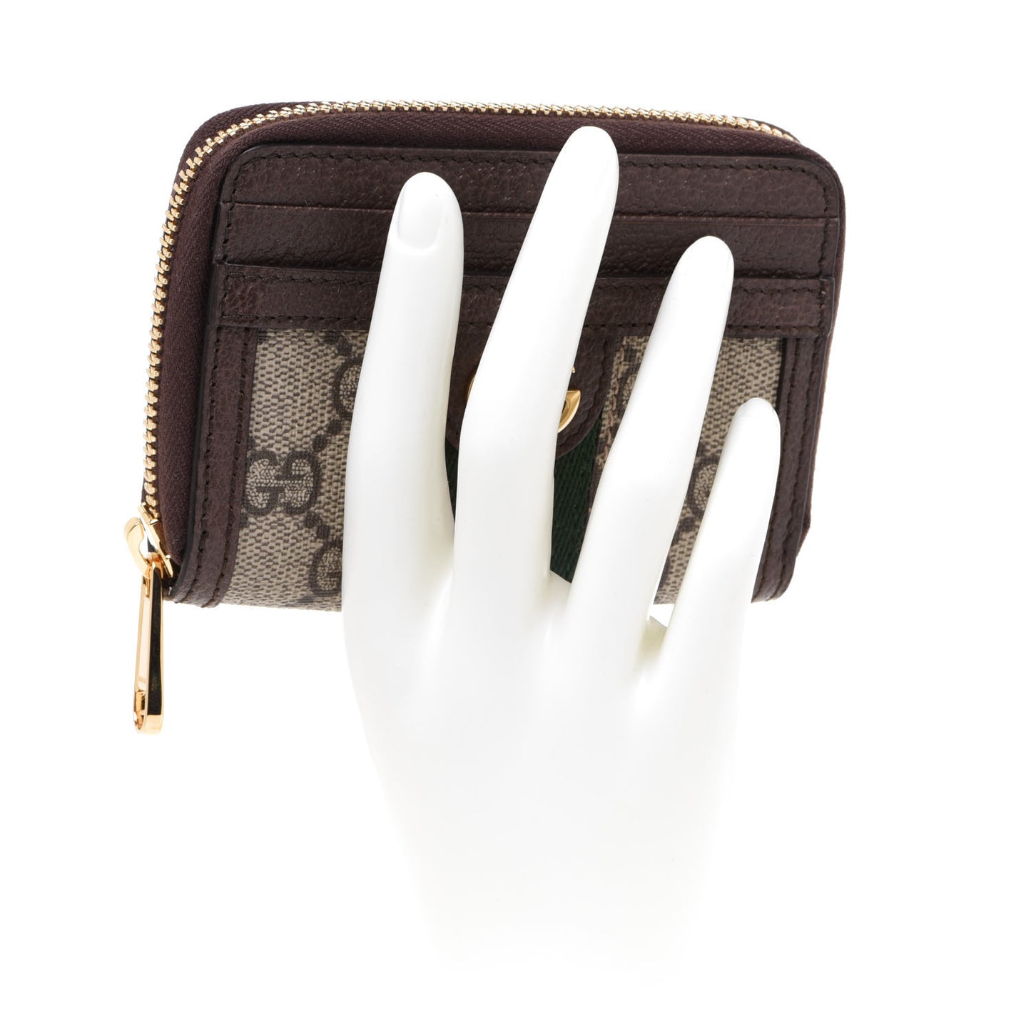 GG Supreme Monogram Textured Dollar Calfskin Web Ophidia Zip Around Card Case Wallet Beige Ebony New Acero