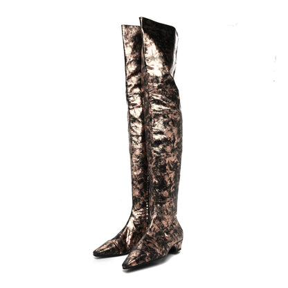 Chanel Metallic Lambskin Over the Knee Boots 37 Gold Black 3 of 7