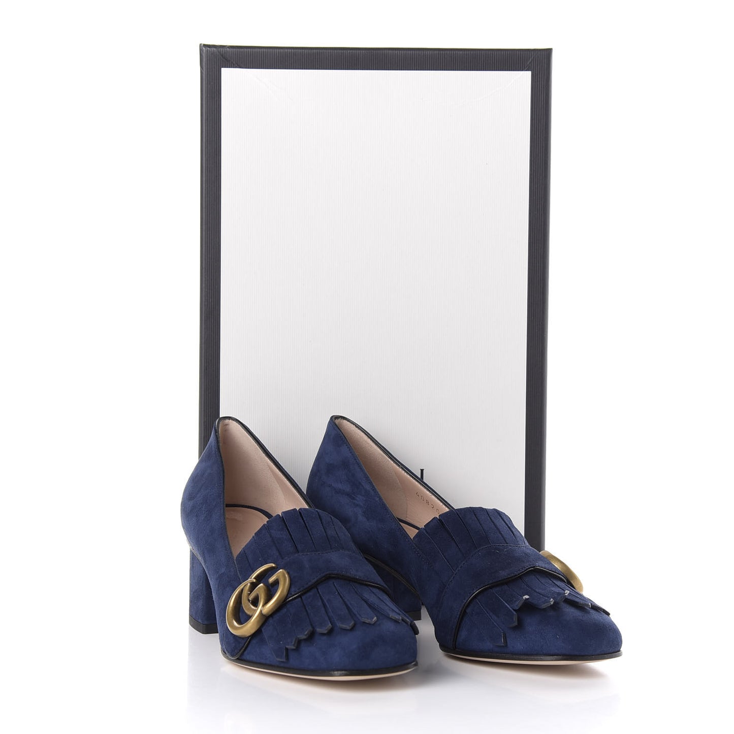 Kid Scamosciato GG Marmont Fringe 50mm Loafer Pumps 35 Blue Ink