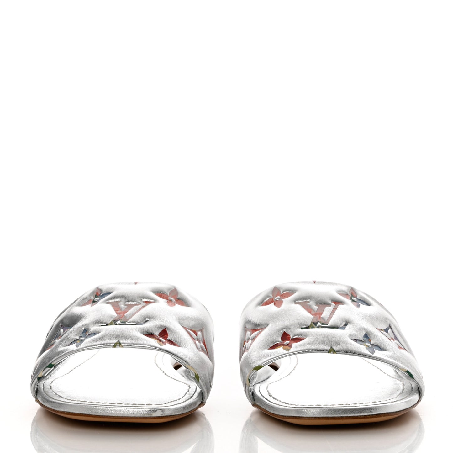 Metallic Lambskin Embossed Monogram Floral Revival Flat Mules 37 Silver