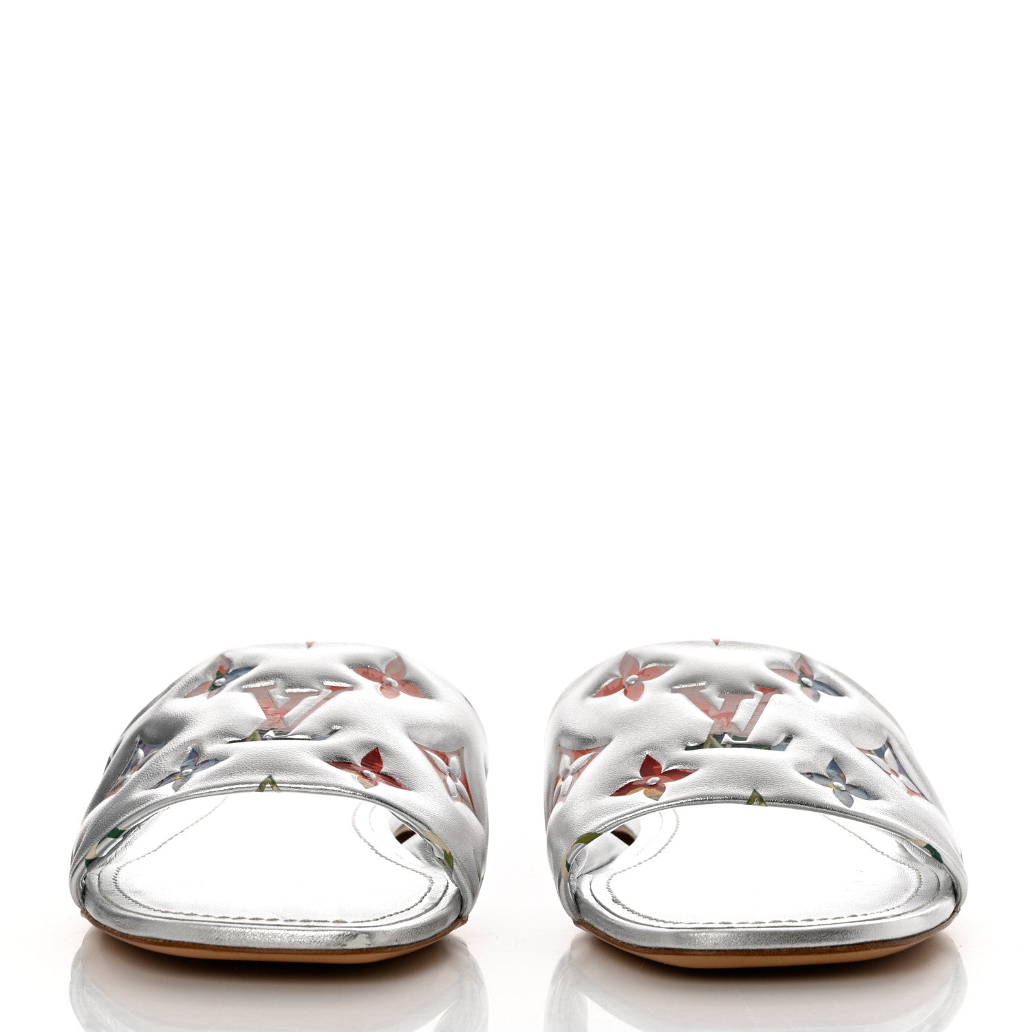 Louis Vuitton Metallic Lambskin Embossed Monogram Floral Revival Flat Mules 37 Silver 2 of 13