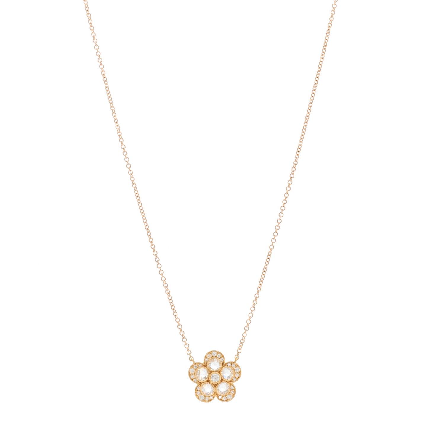18K Rose Gold Diamond Small Enchant Garden Rose Cut Flower Pendant Necklace