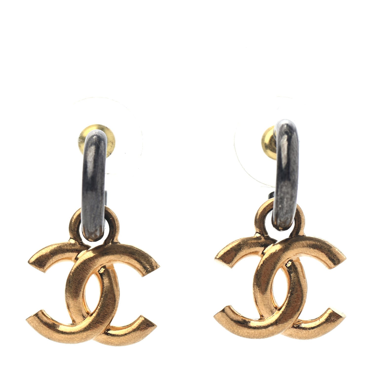 Chanel Metal Drop CC Earrings Ruthenium Gold 1 of 4