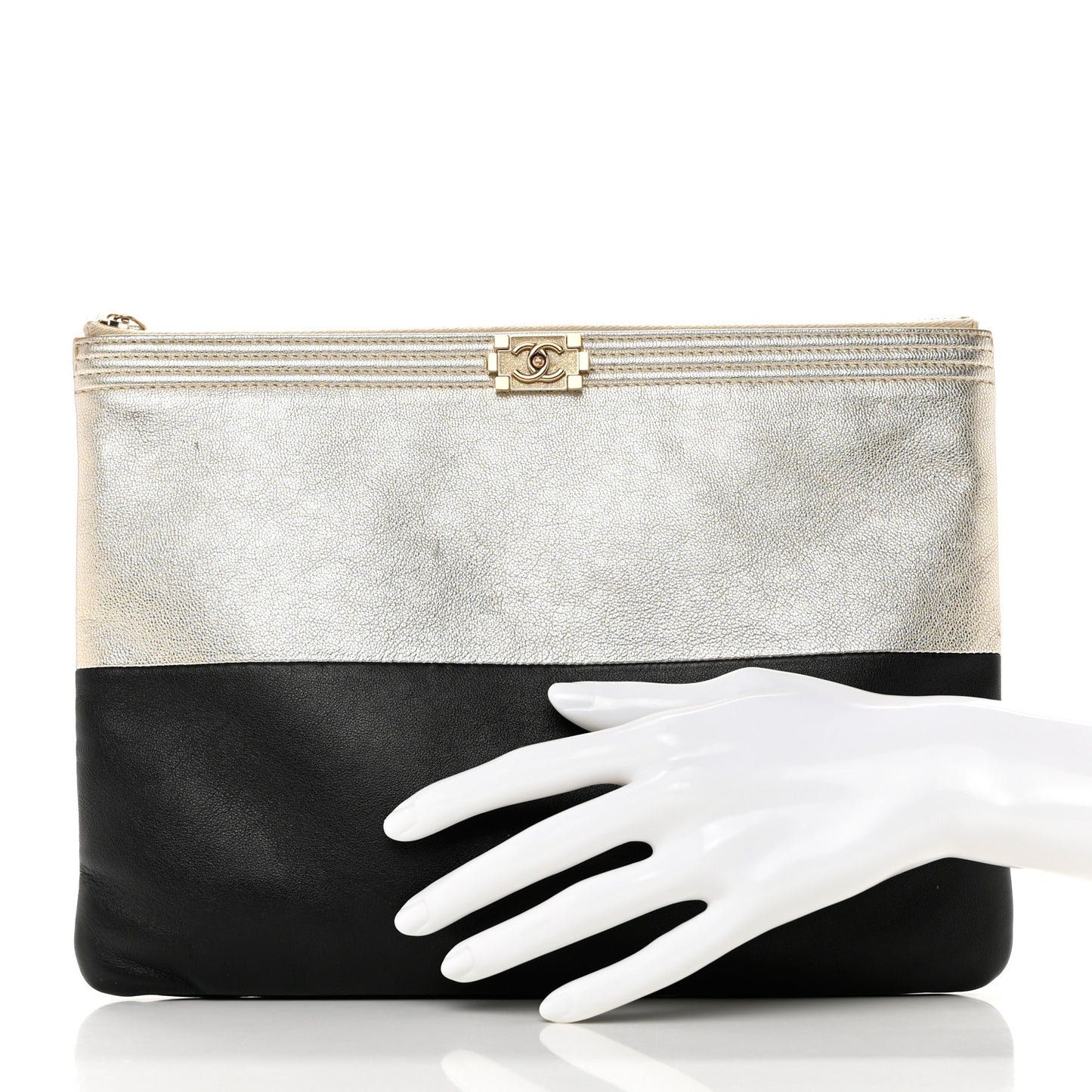 Metallic Goatskin Lambskin Medium Boy Cosmetic Case Black Gold